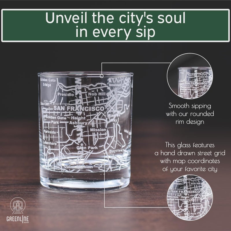 Greenline Goods Whiskey Glasses - 10 Oz Tumbler Gift Set for San Francisco lovers, Etched with San Francisco Map | Old Fashioned Rocks Glass - Set of 2 - Image 4